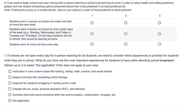 A screenshot of a survey sent to NYC public school teachers about school this fall.